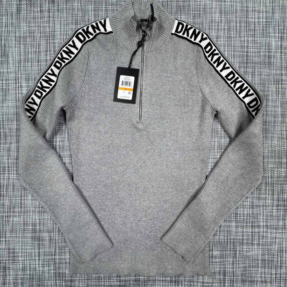 DKNY Womens Small Half Zip Ribbed Knit Sweater Gray Logo Tape Long Sleeve NWT